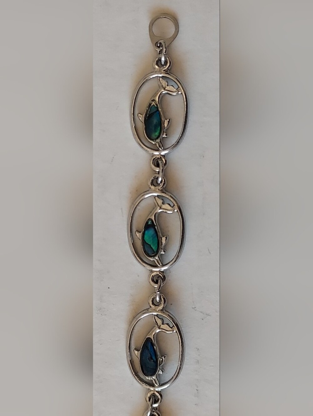 Dolphin on Oval Link Bracelet Mother of Pearl Inlay 7” Silver S-80 Stamped - Picture 6 of 10